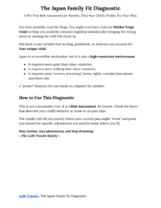 Japan Family Fit Diagnostic PDF showing an introduction and checklist that helps parents assess whether their child’s needs, sensory tolerance, and pacing style match a planned family trip to Japan.