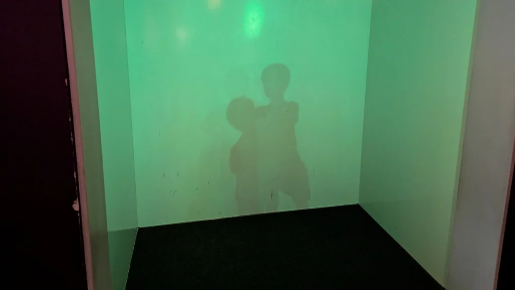 Two children interact with their glowing shadows inside the Illusions Corner at Asahikawa Science Museum, part of the light and perception exhibits.