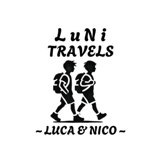Logo for "LuNi Travels" featuring a black silhouette of two young boys walking side by side with backpacks.The boys appear adventurous, symbolizing travel and exploration. Above them, the text "LuNi Travels' is written in playful, bold font. Below the illustration, the words '~ Luca & Nico ~' are displayed, emphasizing the personal and family-centered nature of the brand. The design is minimalist, using a black and white color scheme for a clean and classic look.