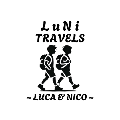 Logo for "LuNi Travels" featuring a black silhouette of two young boys walking side by side with backpacks.The boys appear adventurous, symbolizing travel and exploration. Above them, the text "LuNi Travels' is written in playful, bold font. Below the illustration, the words '~ Luca & Nico ~' are displayed, emphasizing the personal and family-centered nature of the brand. The design is minimalist, using a black and white color scheme for a clean and classic look.