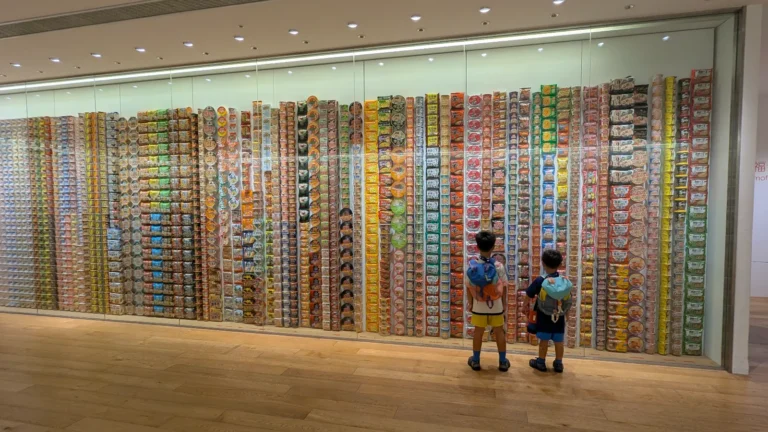 Colorful wall of instant noodles at Cup Noodles Museum Yokohama, Japan, popular family attraction