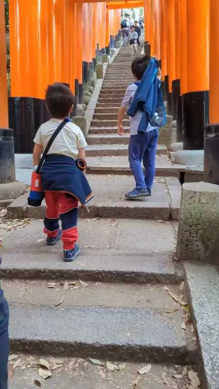Luca & Nico hiking up the stone steps through the iconic red torii gates at Fushimi Inari Taisha, a must-do cultural adventure for families exploring Kyoto with kids.