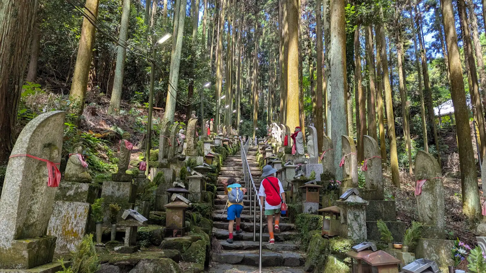 Luca and Nico climbing the forested stone staircase at Hozan-ji temple in Nara, Japan.