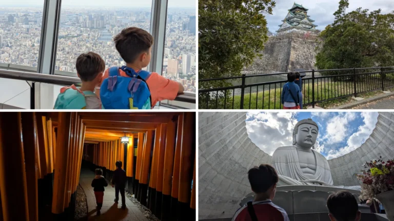 Collage of Japan family attractions with kids: Luca and Nico at Tokyo Skytree, Osaka Castle, Fushimi Inari torii gates, and the Hill of the Buddha in Sapporo.