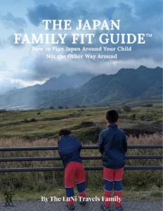 Cover of The Japan Family Fit Guide showing two children overlooking a peaceful mountain landscape in Japan, representing planning a family trip around a child’s needs.