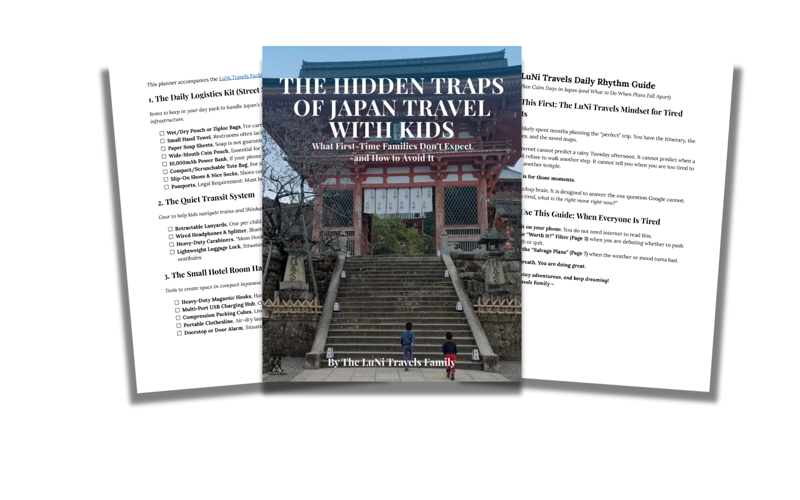 Cover image of The Hidden Traps of Japan Travel with Kids guide by LuNi Travels, showing two children walking up the stone steps toward a traditional Japanese shrine gate, representing first-time family travel challenges in Japan.