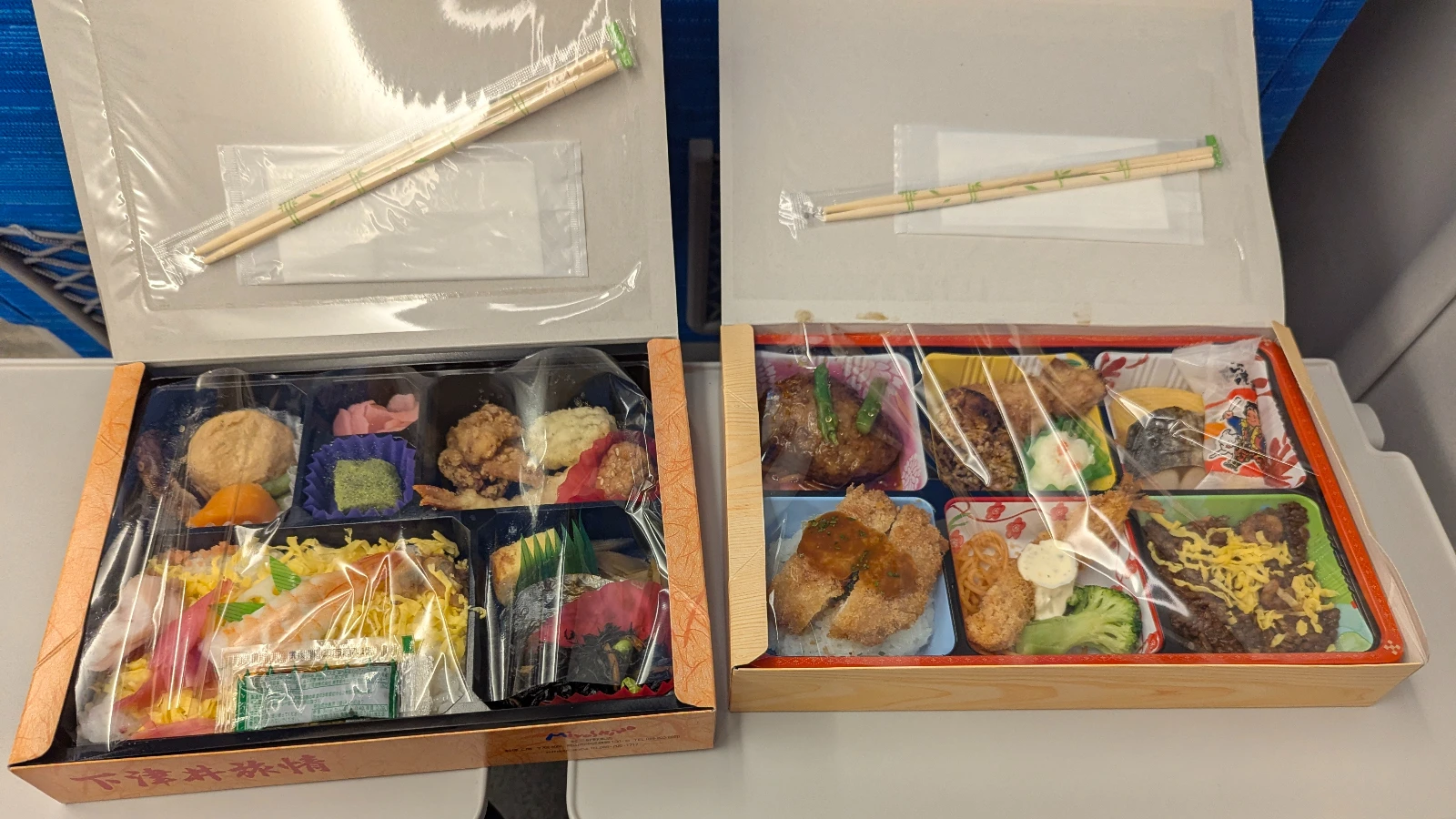 Two colorful Japanese ekiben bento boxes with chopsticks on a tray table inside a Shinkansen, showing a variety of meats, rice, and side dishes