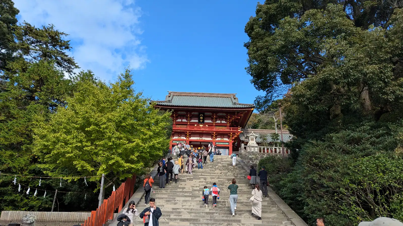 Kids and families climbing the stone steps toward the main hall of Tsurugaoka Hachimangu Shrine in Kamakura on a bright, sunny day.