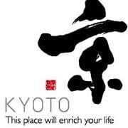 Kyoto tourism logo with elegant black calligraphy for "Kyoto" and the phrase "This place will enrich your life" in light gray beneath.
