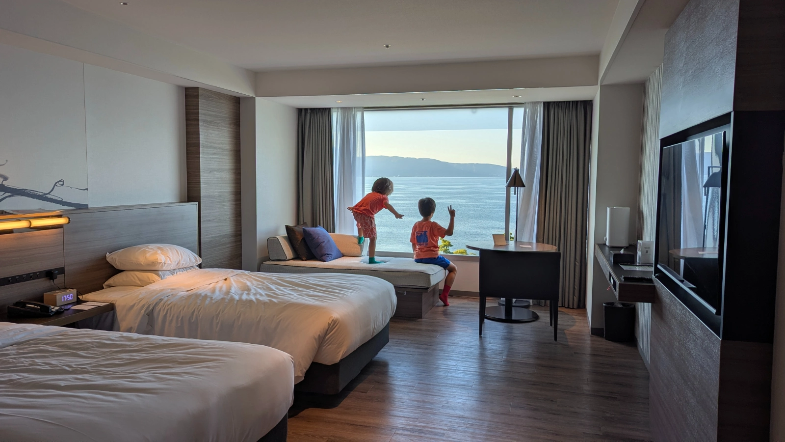 A hotel guest room with a lake view in Shiga, Japan.