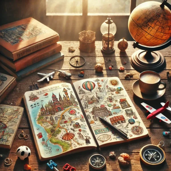 An artistic and inviting scene of a travel-themed setup on a wooden table. The focal point is an open notebook filled with handwritten travel notes, detailed sketched maps, and colorful doodles of landmarks, routes, and symbols like arrows and stars, evoking a sense of adventure. Surrounding the notebook are a vintage compass, a small globe, a toy airplane, and charming travel souvenirs such as a paper origami crane and a miniature soccer ball. A warm cup of coffee adds a cozy touch, while a stack of guidebooks sits nearby. Soft natural light streams in, creating a warm and serene atmosphere that perfectly embodies the theme of family travel and exploration.