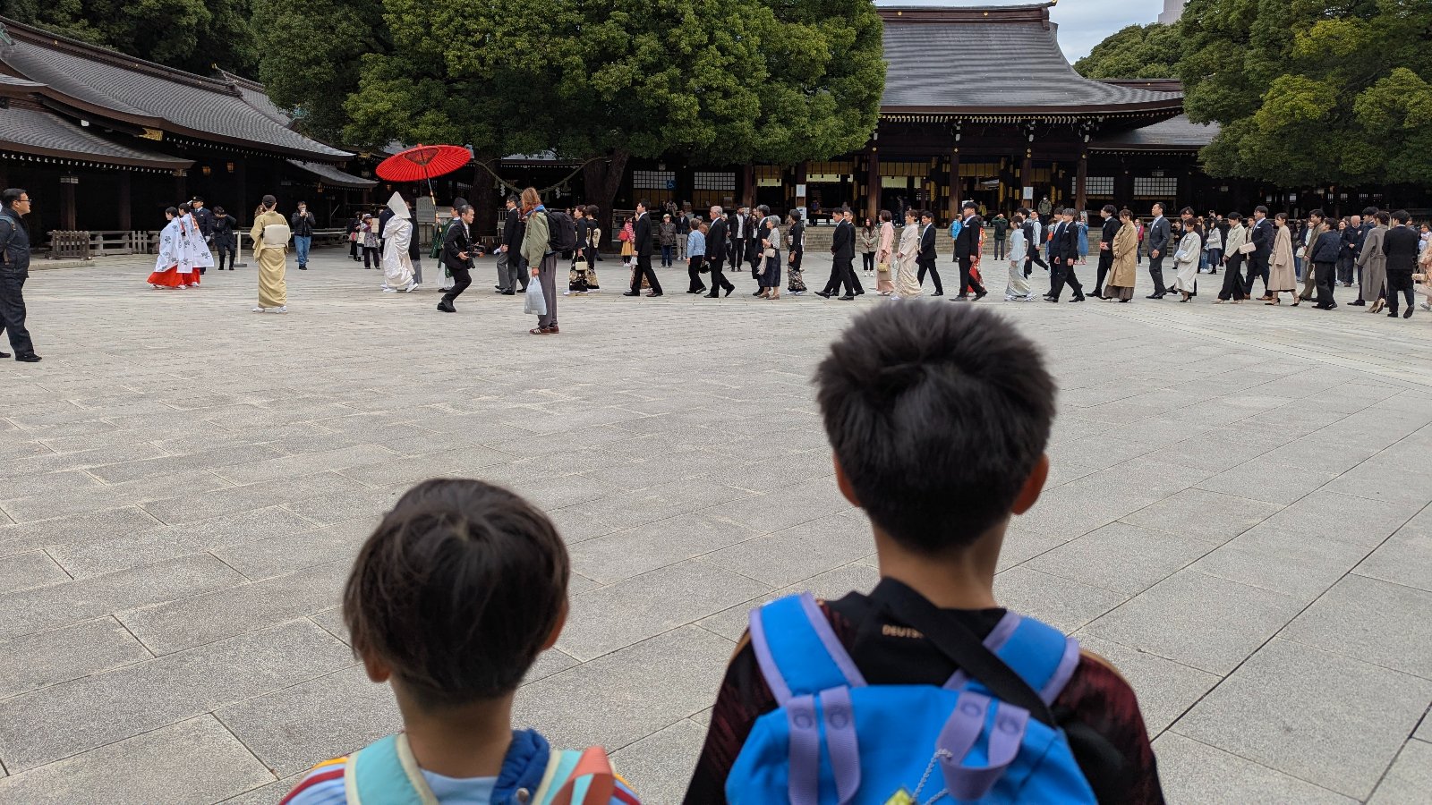 Two children watching a traditional Shinto wedding procession at Meiji Jingu Shrine in Tokyo, surrounded by visitors in the main courtyard.