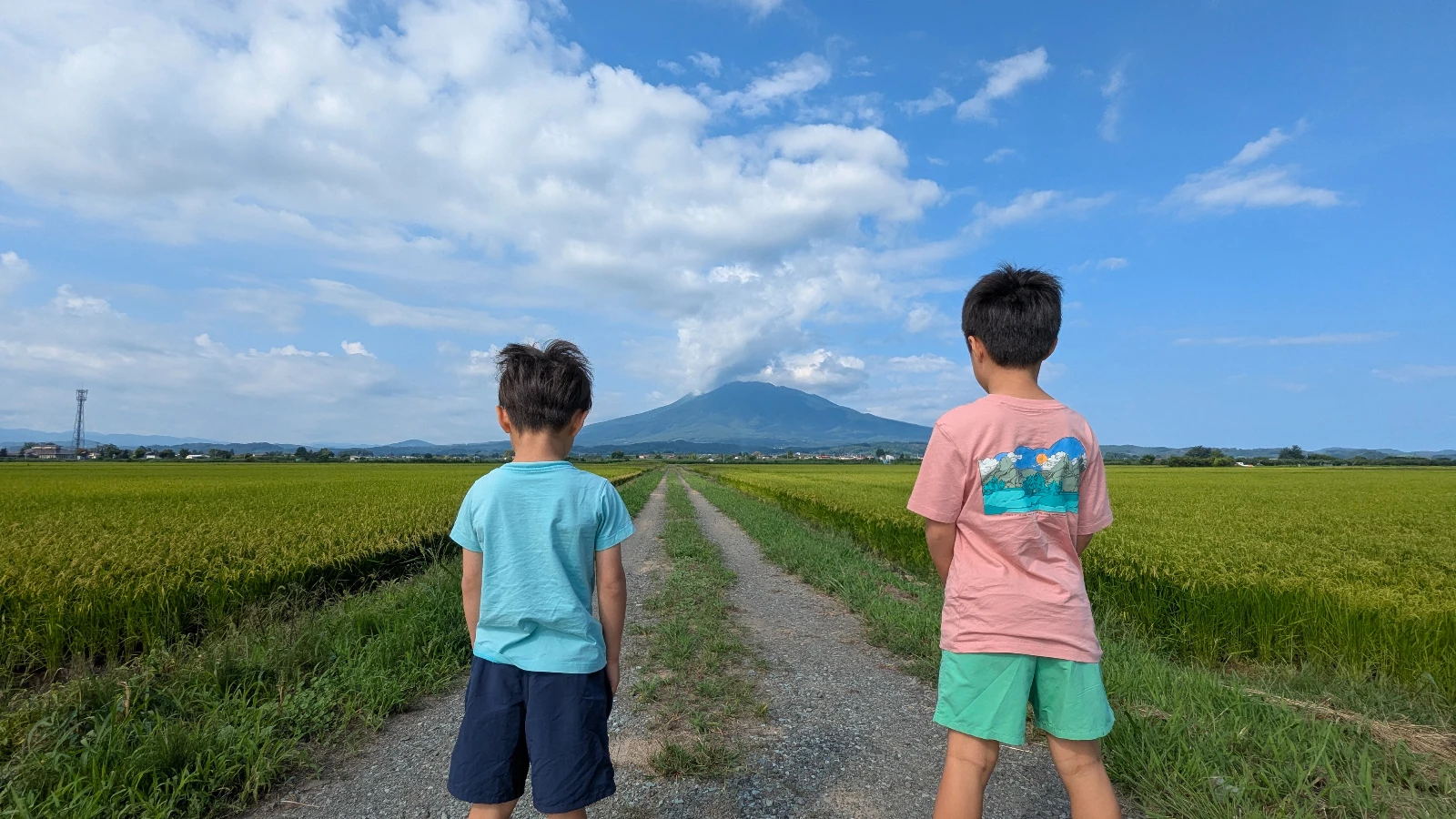 Two kids stand on a country path lined with green rice fields leading toward Mt. Iwaki under a blue sky in Aomori, Japan, a serene family travel moment.