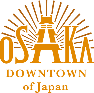 Osaka tourism logo in orange, stylized with a central castle icon and radiating lines, with the tagline "Downtown of Japan" below.