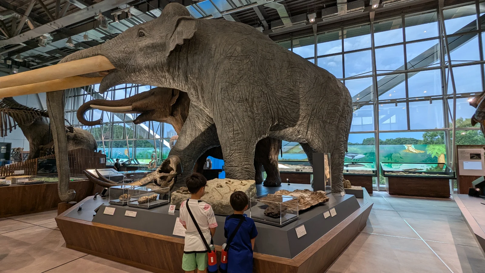Children exploring a giant prehistoric elephant skeleton at Sendai Science Museum, a hands-on educational spot for families.