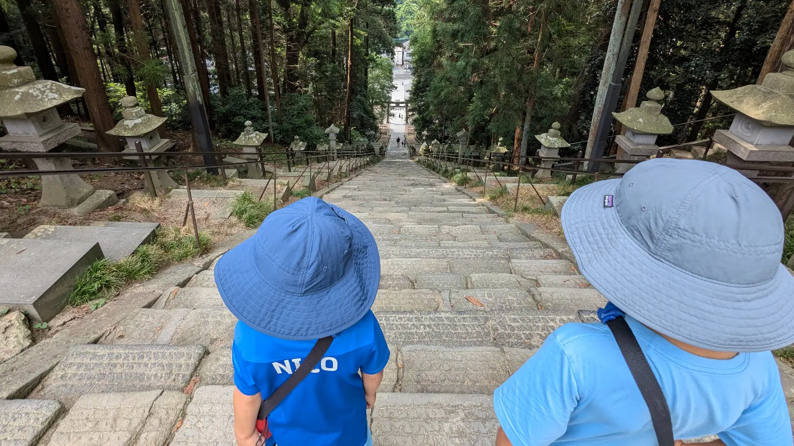 Two children look down the 202 stone steps of Shiogama Shrine in Sendai, Miyagi, surrounded by tall forest trees — a family adventure photo.