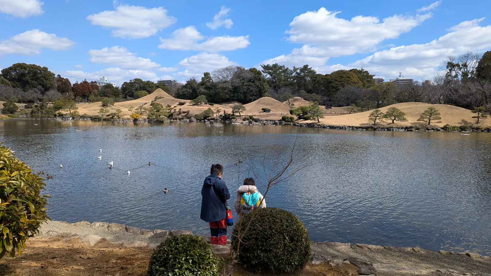 Kids standing by the pond at Suizenji Jojuen Garden in Kumamoto, looking at ducks and the miniature landscape hills across the water.