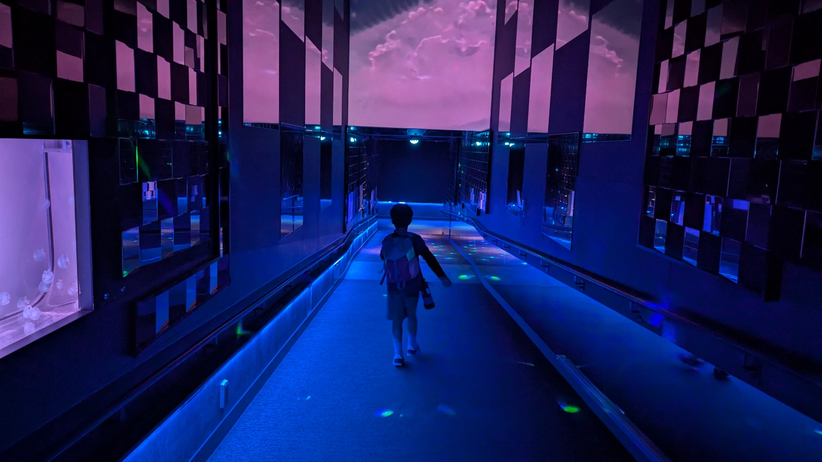 A child walking through the illuminated mirror tunnel at Sumida Aquarium in Tokyo, surrounded by blue and purple lights and reflective panels.