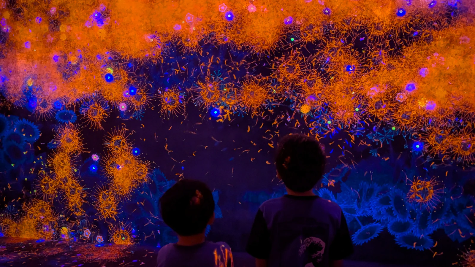 Children watching glowing orange and blue digital particles in a dark immersive room at teamLab Borderless Tokyo.