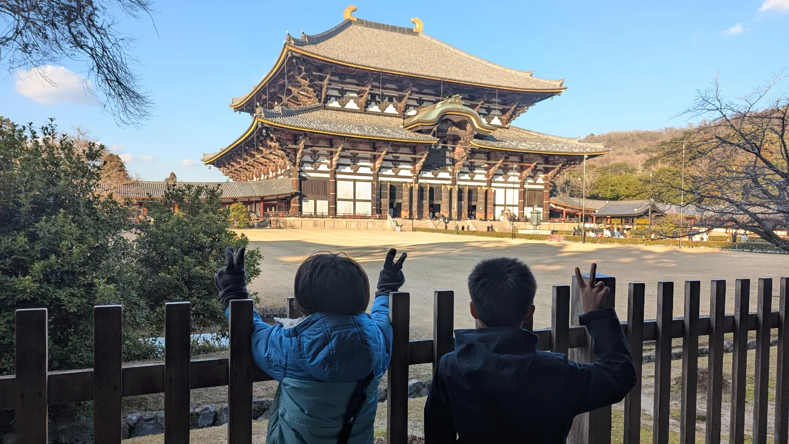 Luca and Nico looking out at the Great Buddha Hall at Todai-ji temple in Nara.