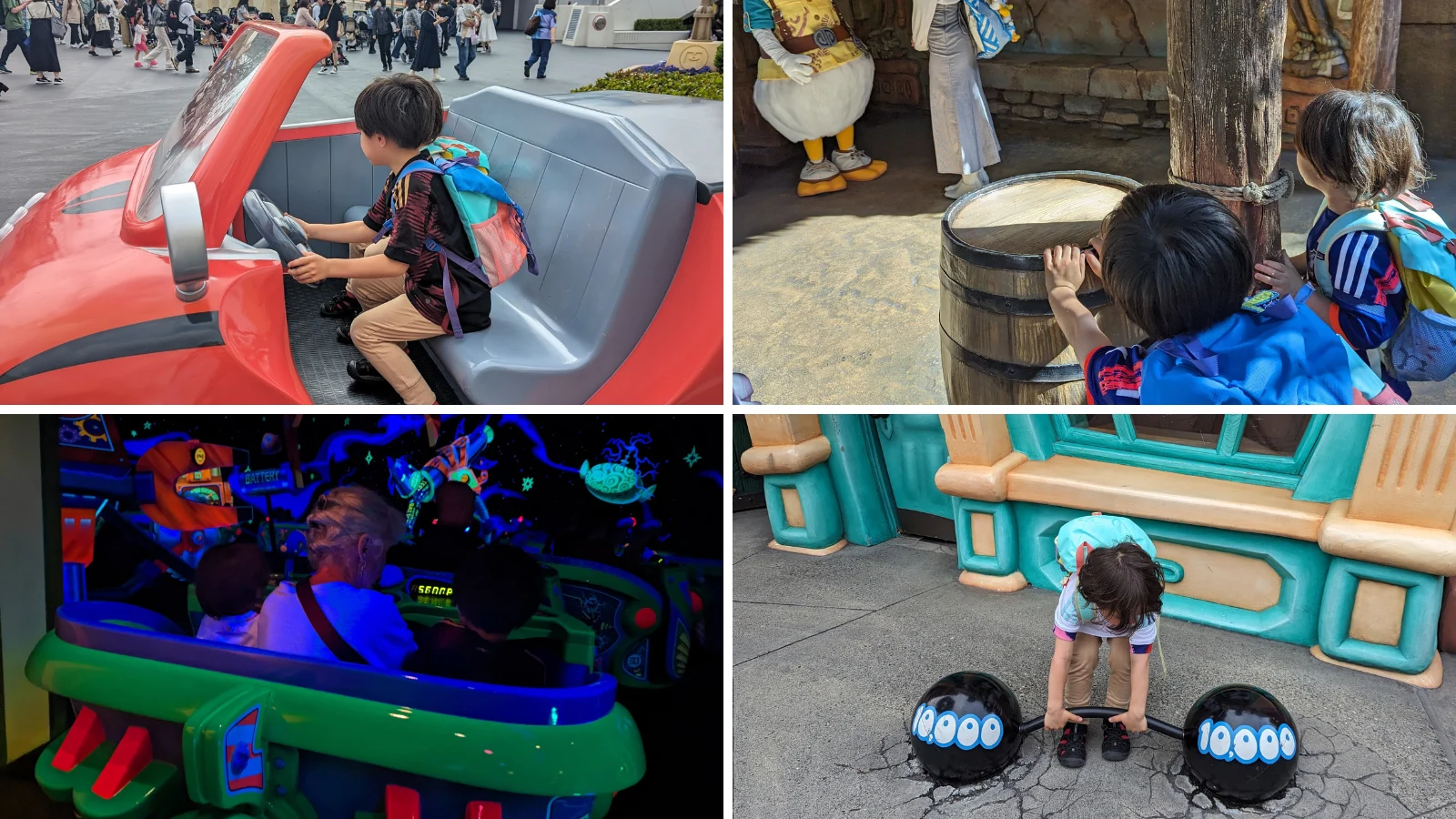 Collage of Luca & Nico enjoying Tokyo Disneyland and DisneySea attractions, including driving a cartoon car, playing near Disney characters, blasting lasers on Buzz Lightyear’s ride, and lifting a giant barbell prop, showing the fun and family atmosphere of both parks.