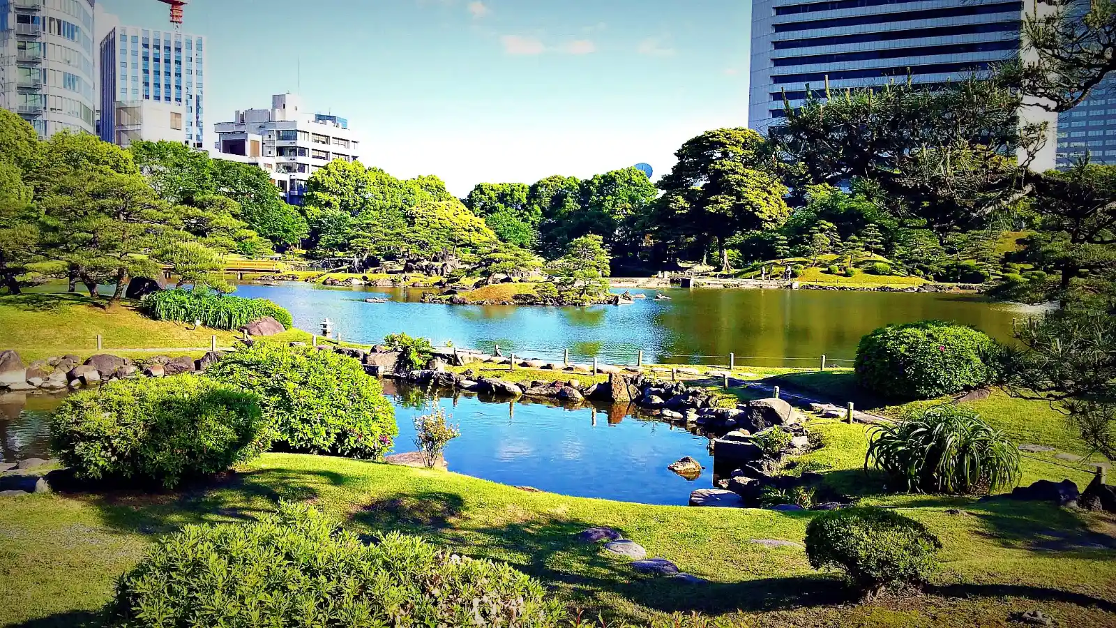 Traditional Japanese gardens and ponds at Hamarikyu, a peaceful nature escape during a Tokyo itinerary with kids.