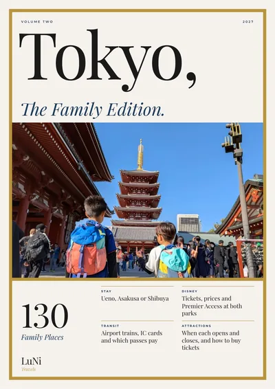 Cover of Tokyo, The Family Edition: two children seen from behind at Senso-ji, its five-story pagoda ahead