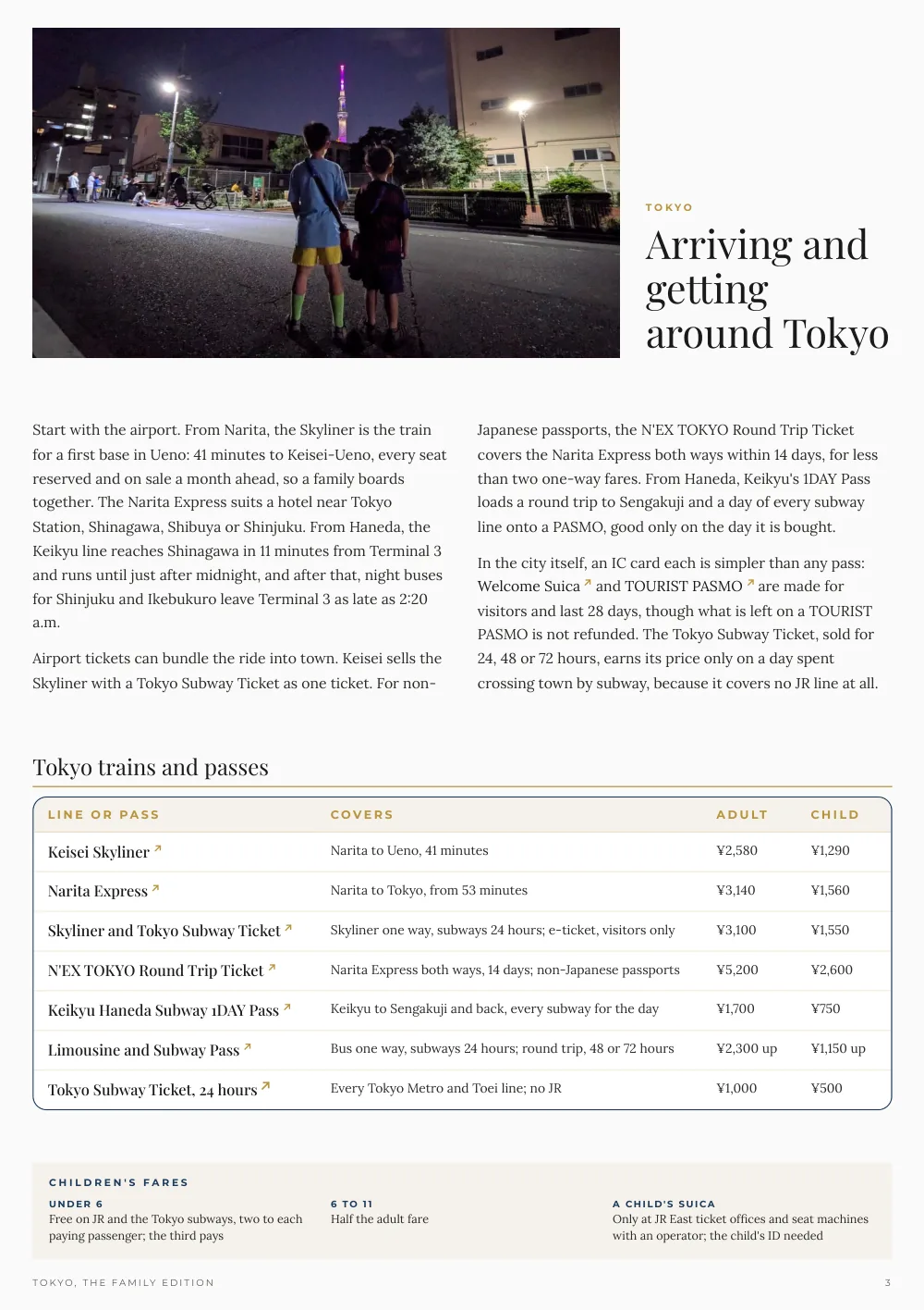 The Arriving and getting around Tokyo page: airport trains and passes, each with its adult and child fare