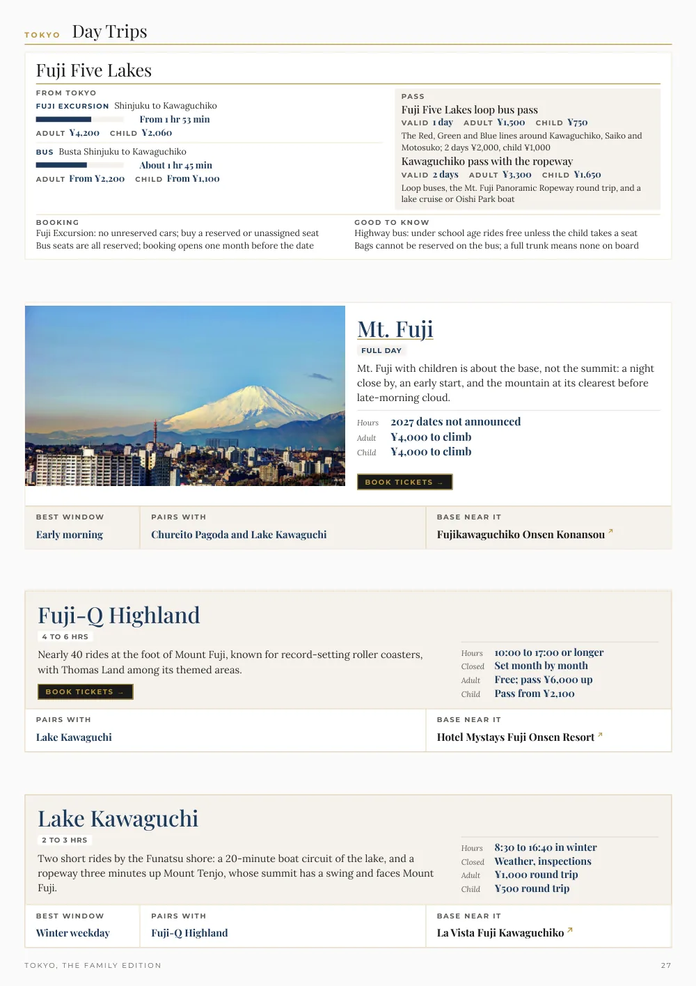 A Day Trips page with the Fuji Five Lakes routes and the Mt. Fuji, Fuji-Q Highland and Lake Kawaguchi cards