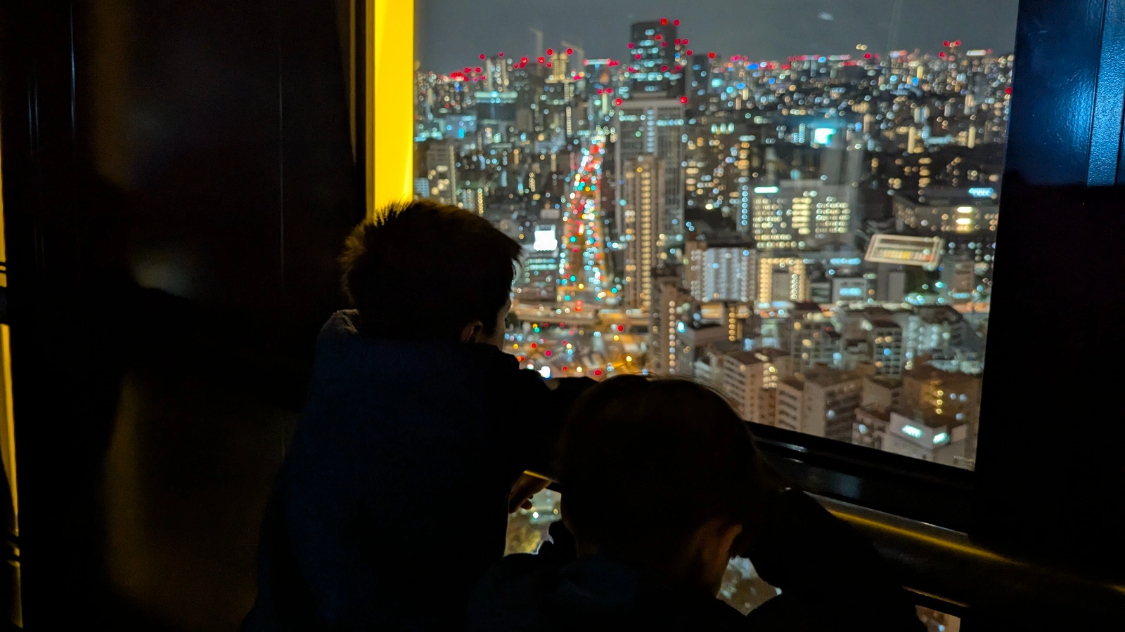 Two children looking out from Tokyo Tower’s Main Deck at the colorful night view of Tokyo’s skyline.