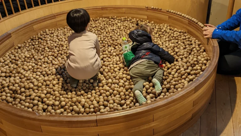 Two children playing in the wooden ball pit at Tokyo Toy Museum, a hands-on family attraction in Shinjuku Tokyo.