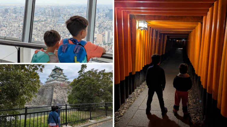 Luca and Nico exploring Japan with kids at Tokyo Skytree, Osaka Castle, and Kyoto’s Fushimi Inari Shrine torii gates, comparing the best cities for families