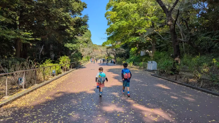 Luca and Nico walking along a wide, tree-lined path in Ueno Park, showing why Ueno is a calm and walkable area for families staying nearby